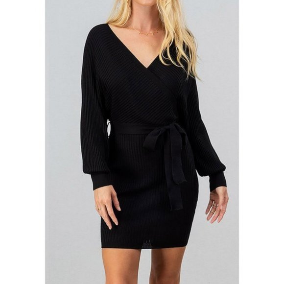 NEW Black Rib Knit Sexy Wrap V Neck Classic Little Black Sweater Dress - Picture 3 of 10